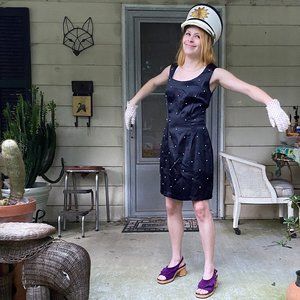 Vintage 1980s 1990s Jonathan Martin Arrested Label Black Satin with Pearls Dress
